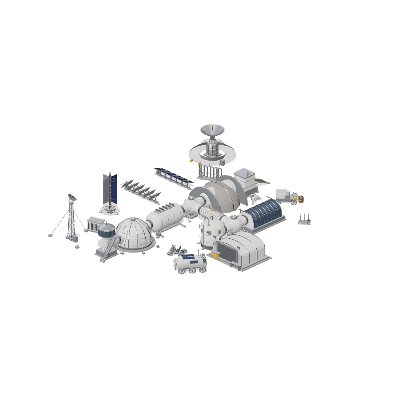 Lunar Surface Colony and Rovers assembled scene