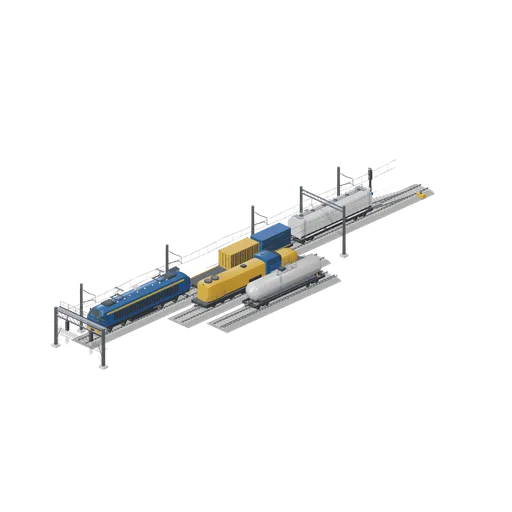 Electrified freight yard with a loaded rake under catenary (Modern Rail and Metro Network)