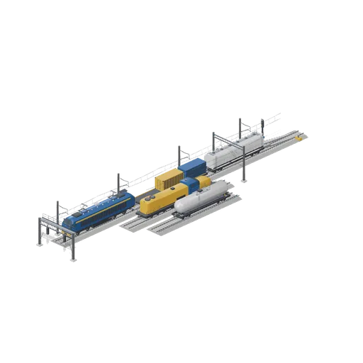 Electrified freight yard with a loaded rake under catenary (Modern Rail and Metro Network)