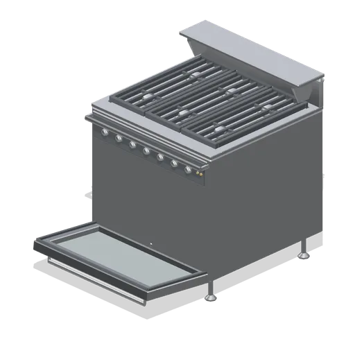 Six-burner range, oven open (Restaurant Kitchen and Dining Room)