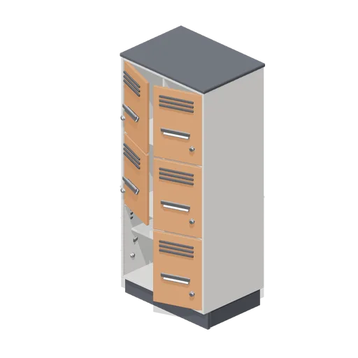 Locker bank, six door with one open (Downtown Office Interiors)