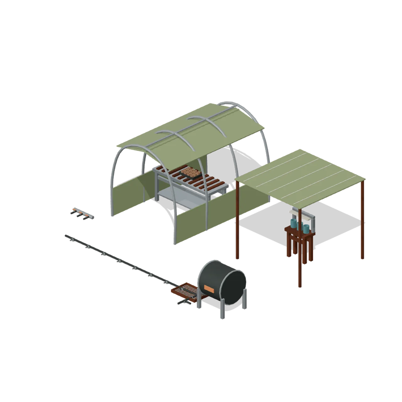 Survival Greenhouse and Irrigation assembled scene