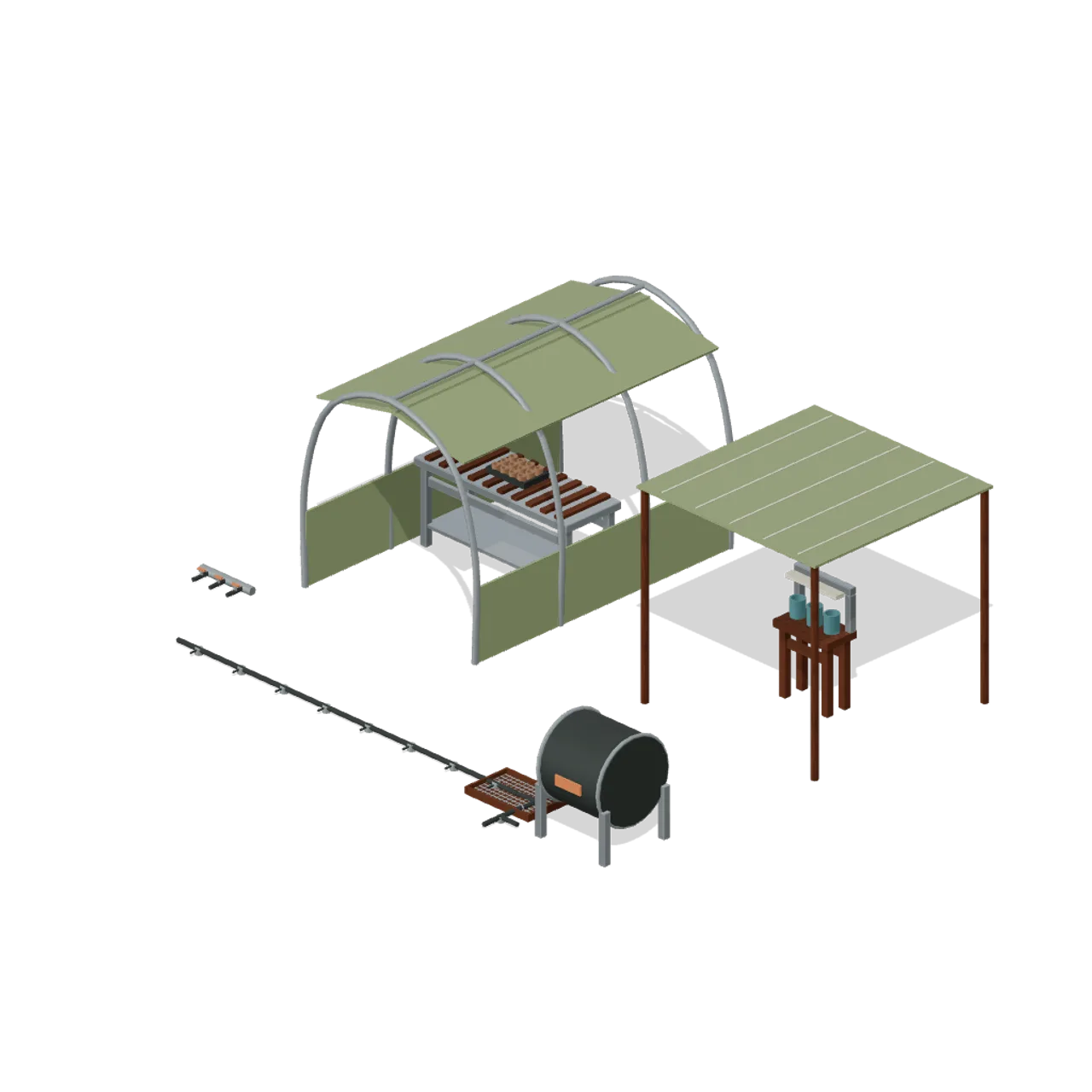 Survival Greenhouse and Irrigation assembled scene