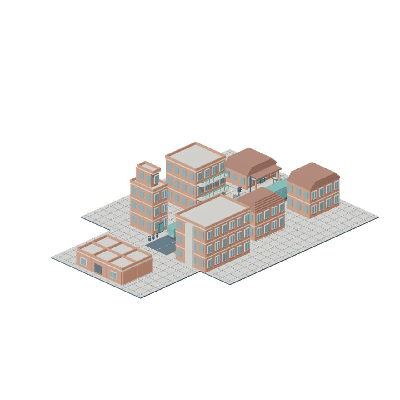 Voxel City Districts assembled scene