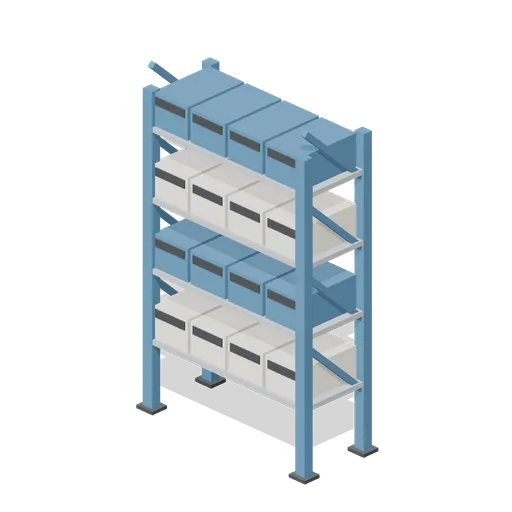 Parts bin shelving with plastic bins (Machine Shop and Factory Hall)