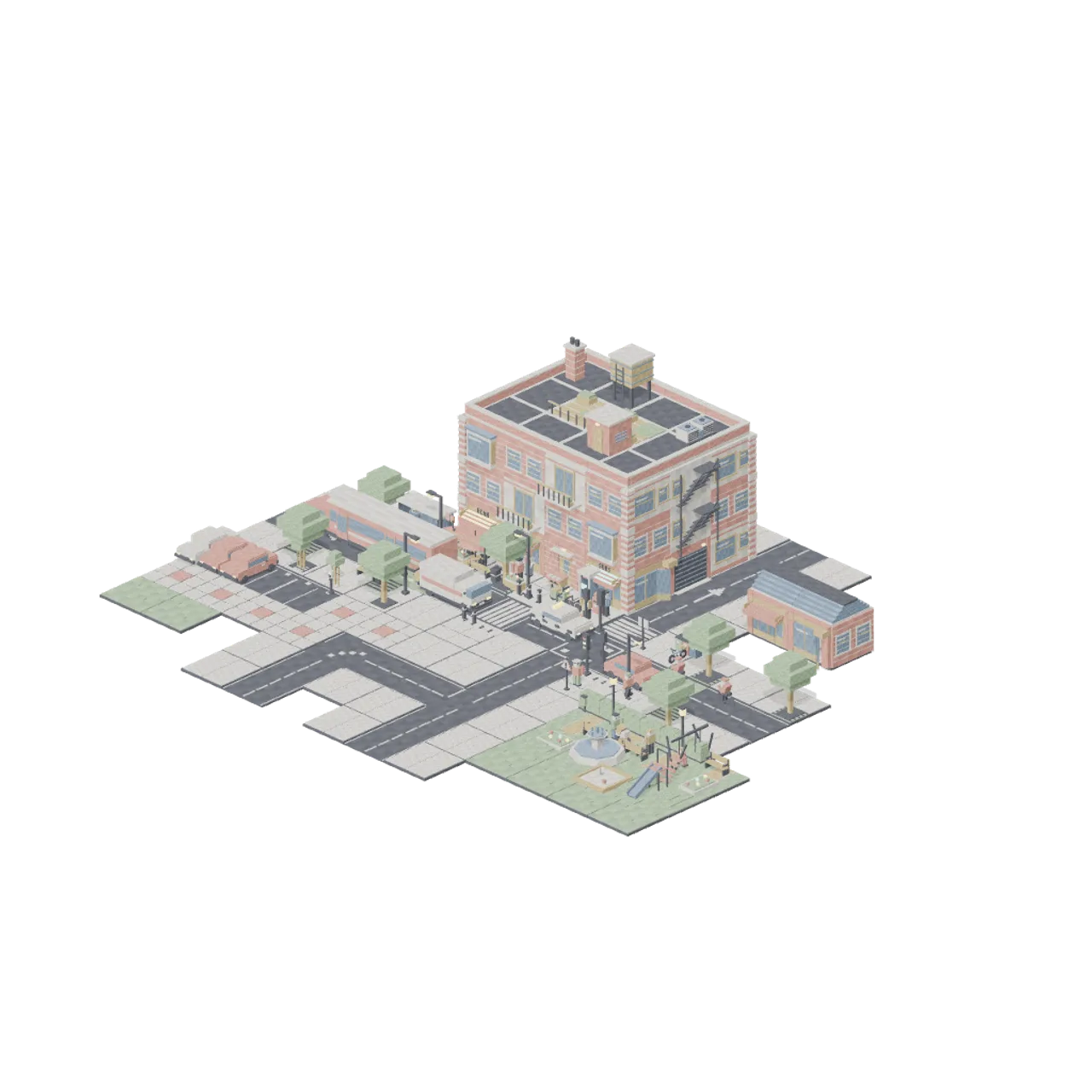 Pixel Modern City Street assembled scene