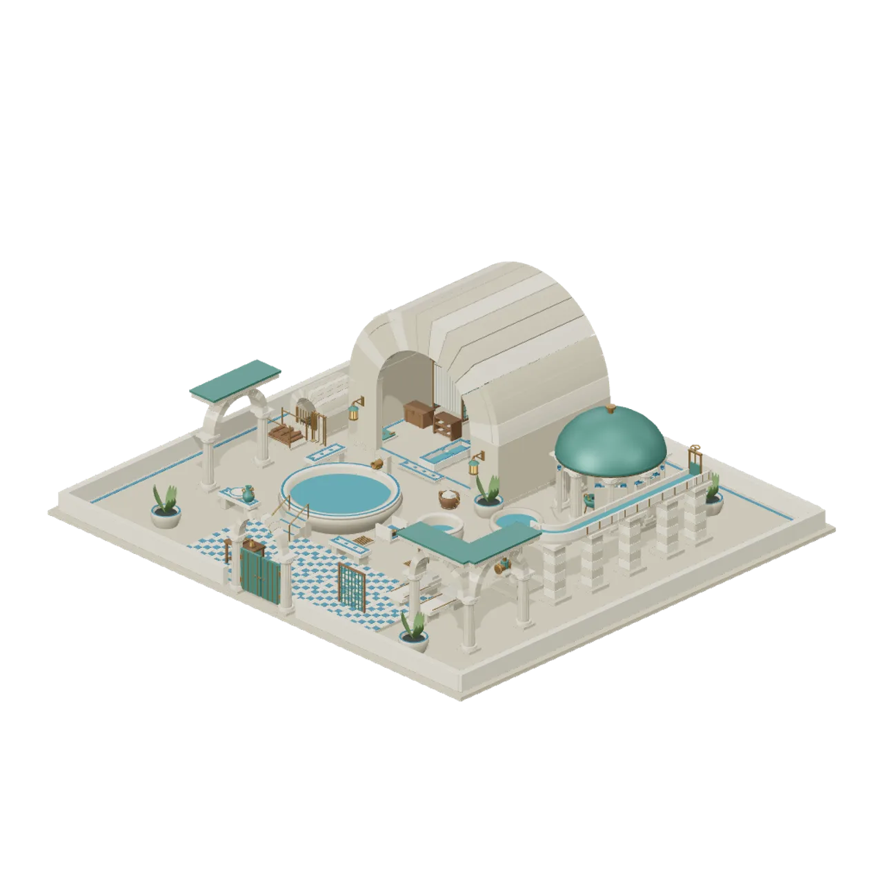 Fantasy Bathhouse and Thermal Sanctuary assembled scene