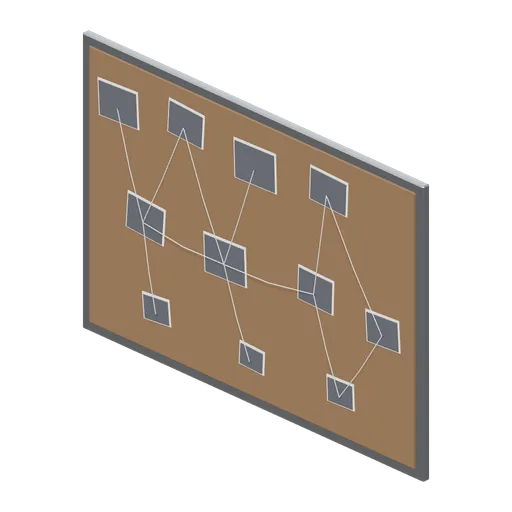 Evidence board with pinned photographs (Police Station and Detective Office)