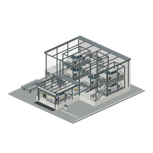Pallet transfer and two-level storage facility (Automated Parking and Vehicle Retrieval)