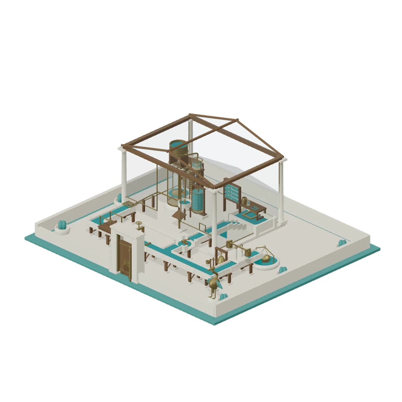 Water Clock Garden and Hydraulic Puzzles assembled scene