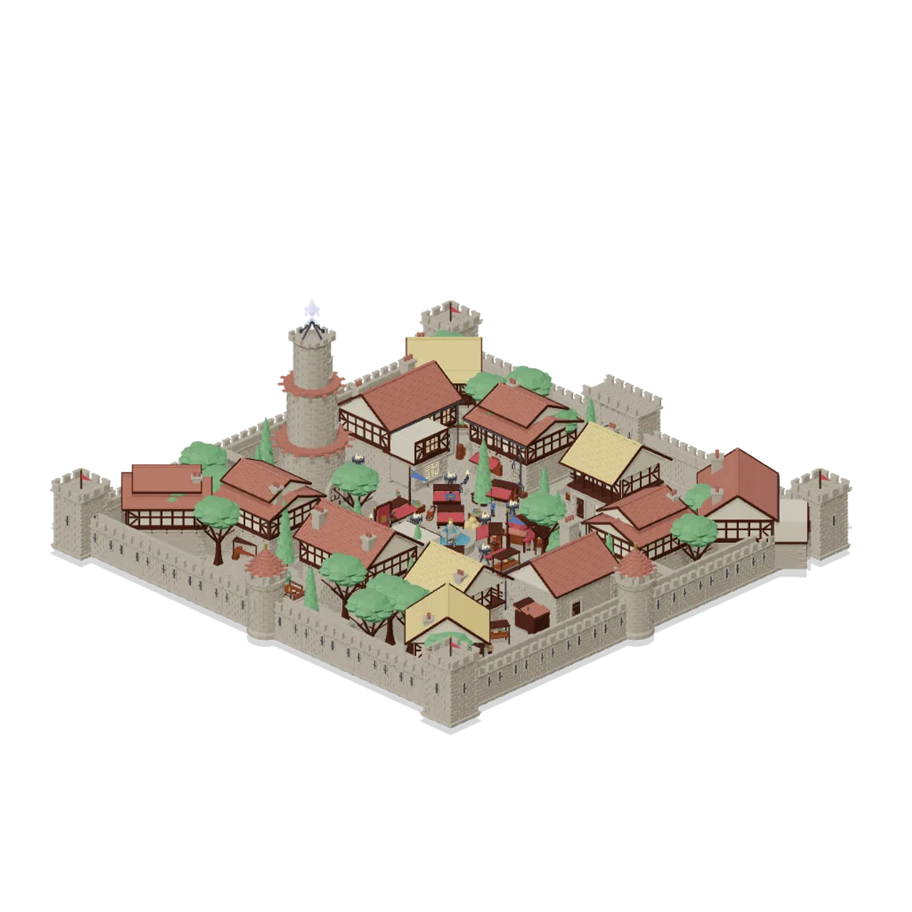 Fantasy MMO City And Townsfolk assembled scene