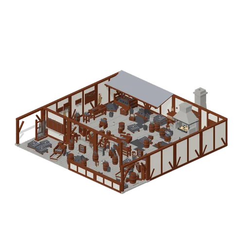 Village smithy, open fronted, with forge, anvil and armoury bench (Blacksmith Forge and Armoury)