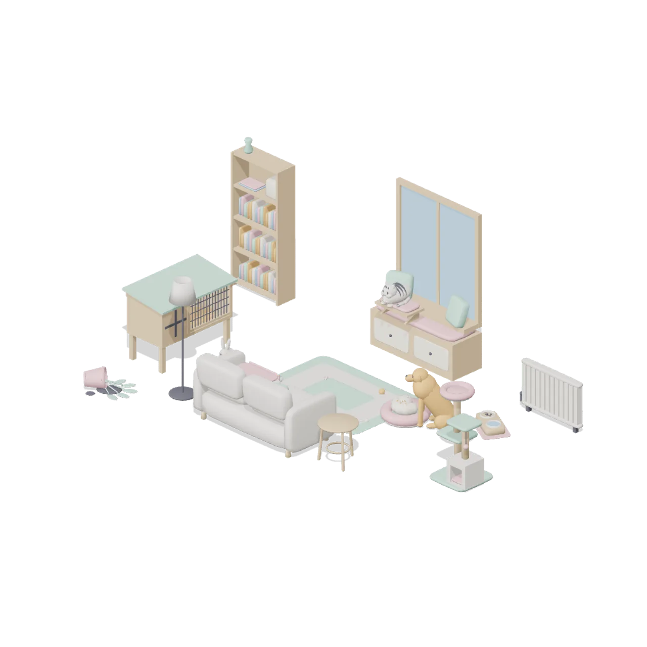 Companion Animals and Pet Home assembled scene