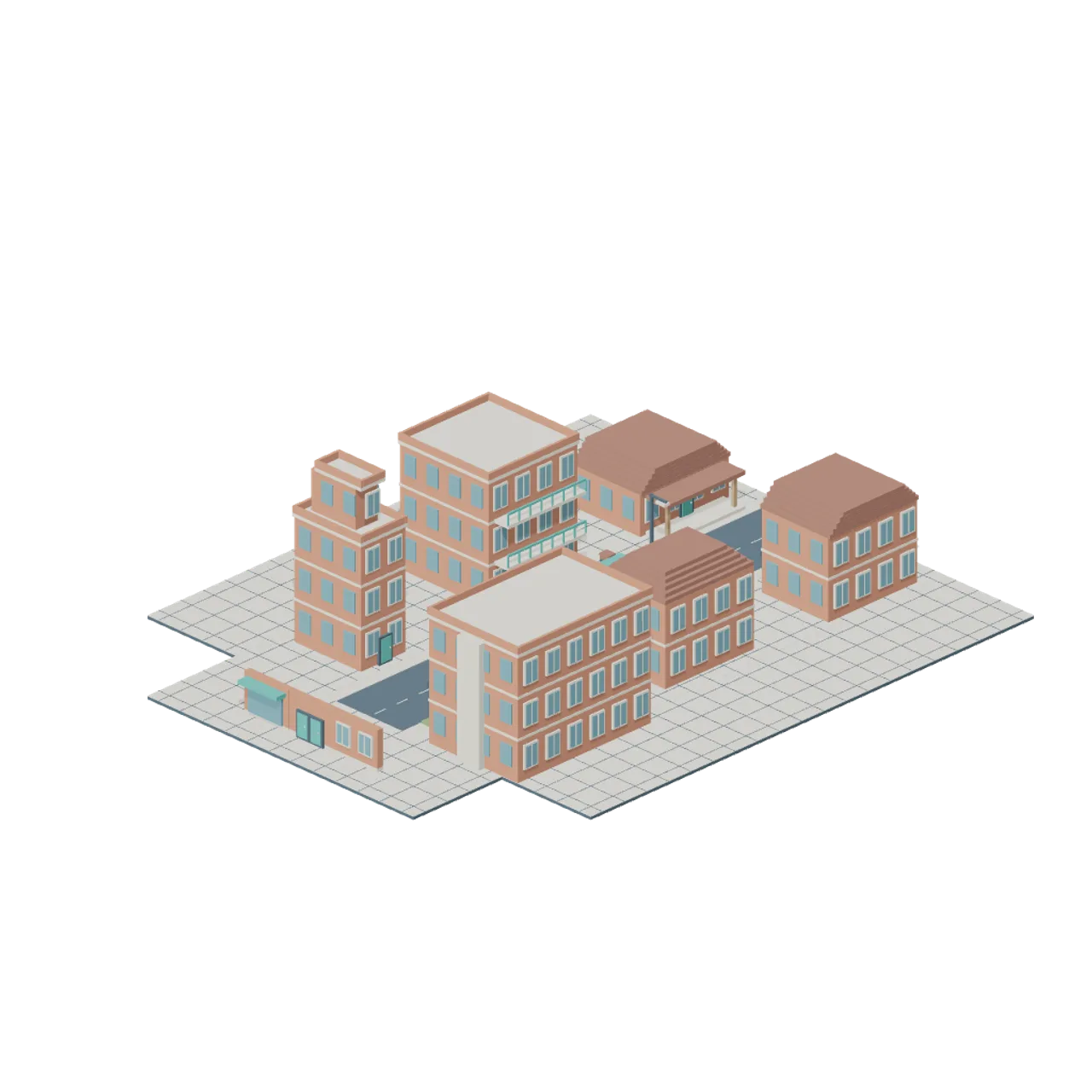 Voxel City Districts assembled scene