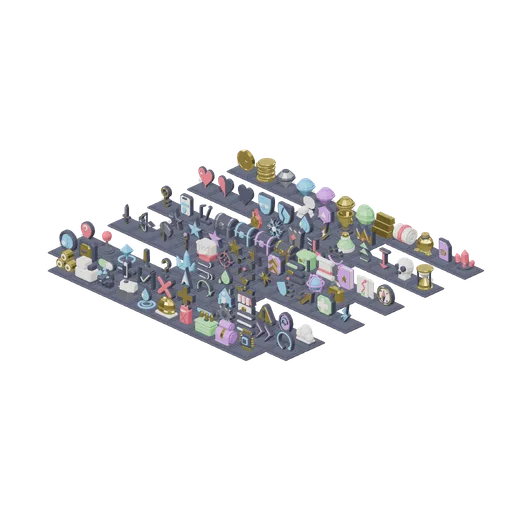 Icon board: the whole set on a plinth grid (Game UI icon library)