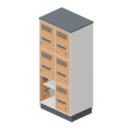 Locker bank, six door with one open (Downtown Office Interiors)