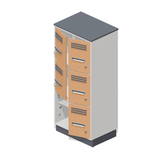 Locker bank, six door with one open (Downtown Office Interiors)