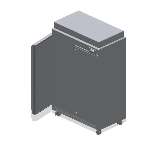 Upright refrigerator, left door open (Restaurant Kitchen and Dining Room)