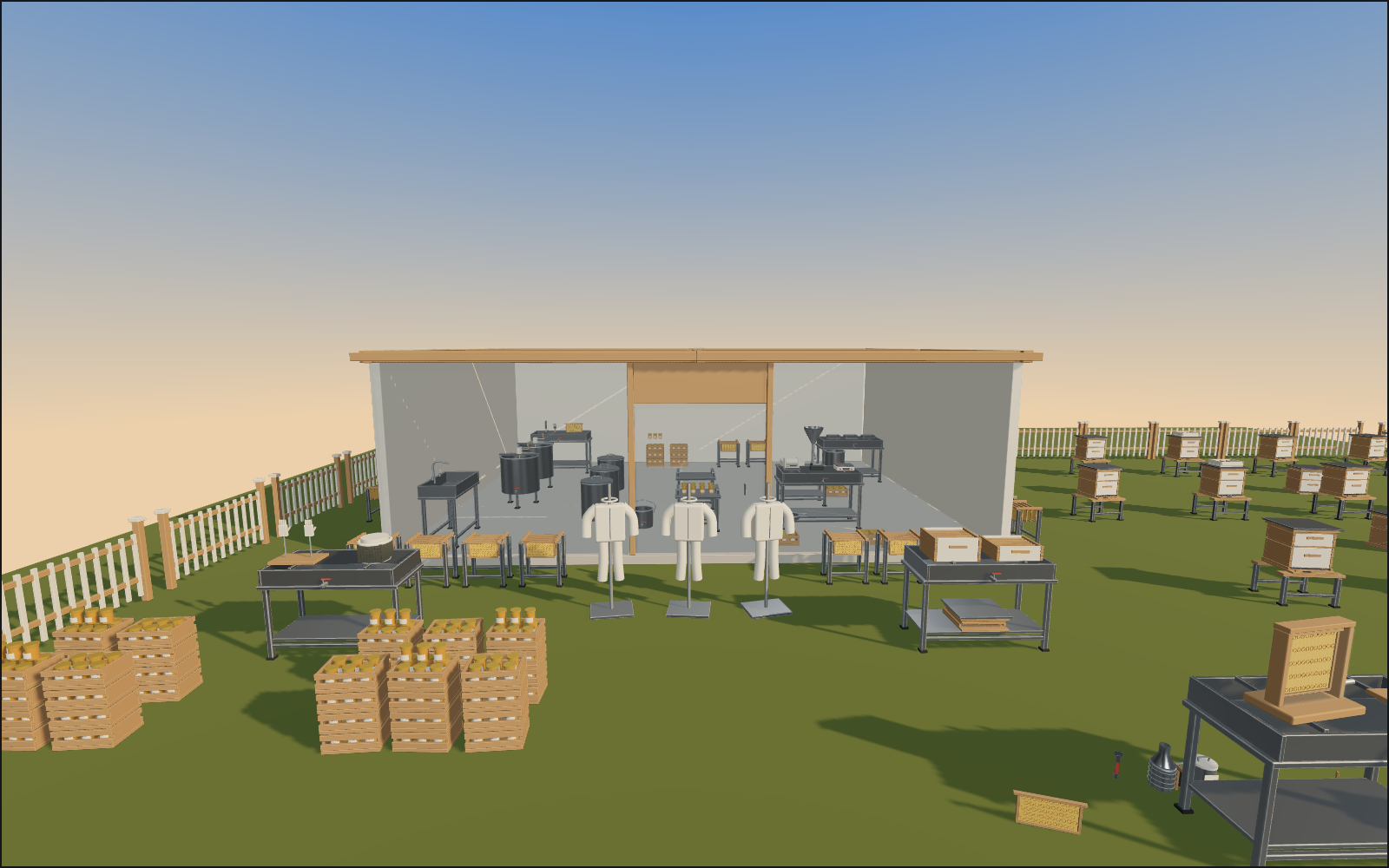 Apiary and honey house, a walkable scene
