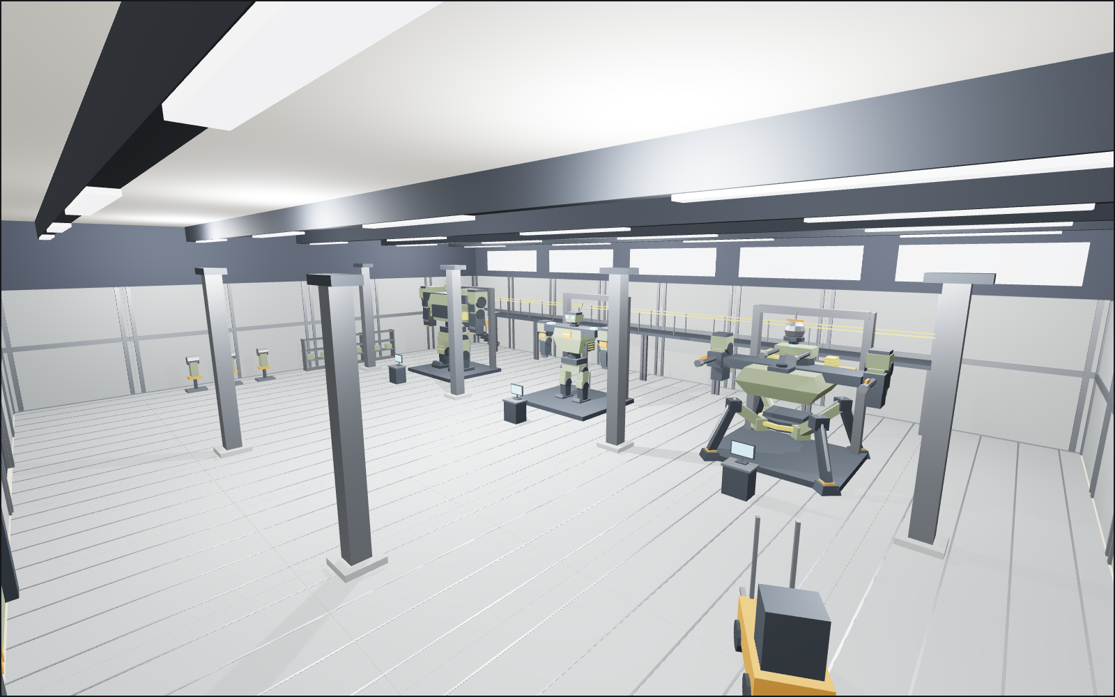 Three-bay mech hangar, a walkable scene