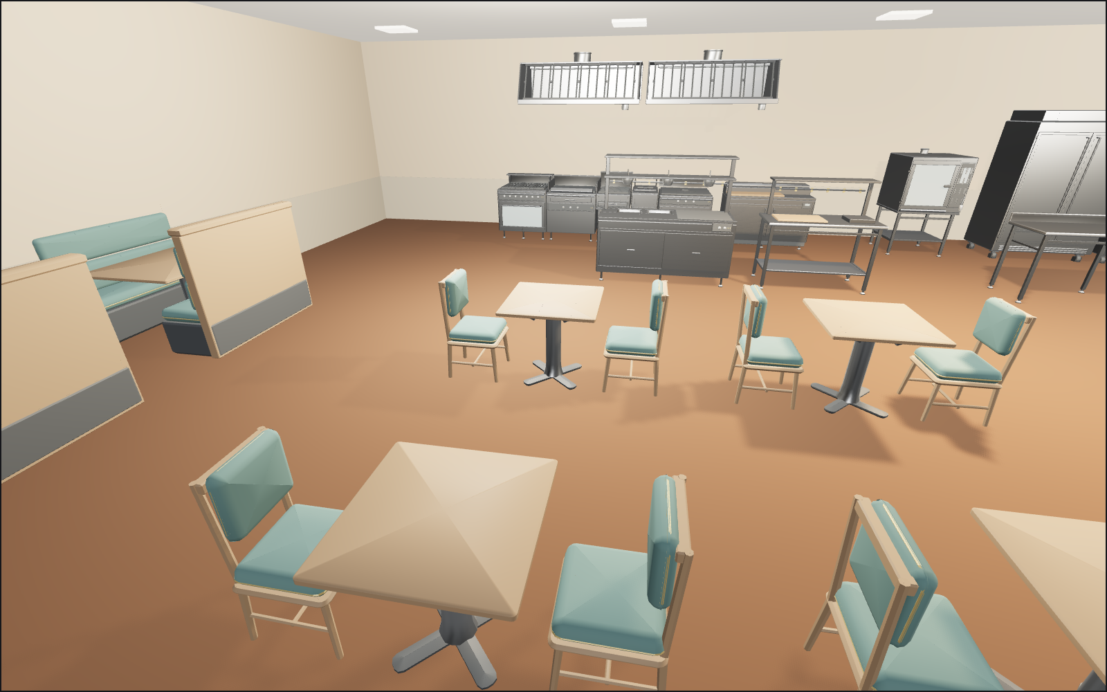 Restaurant and kitchen, a walkable scene